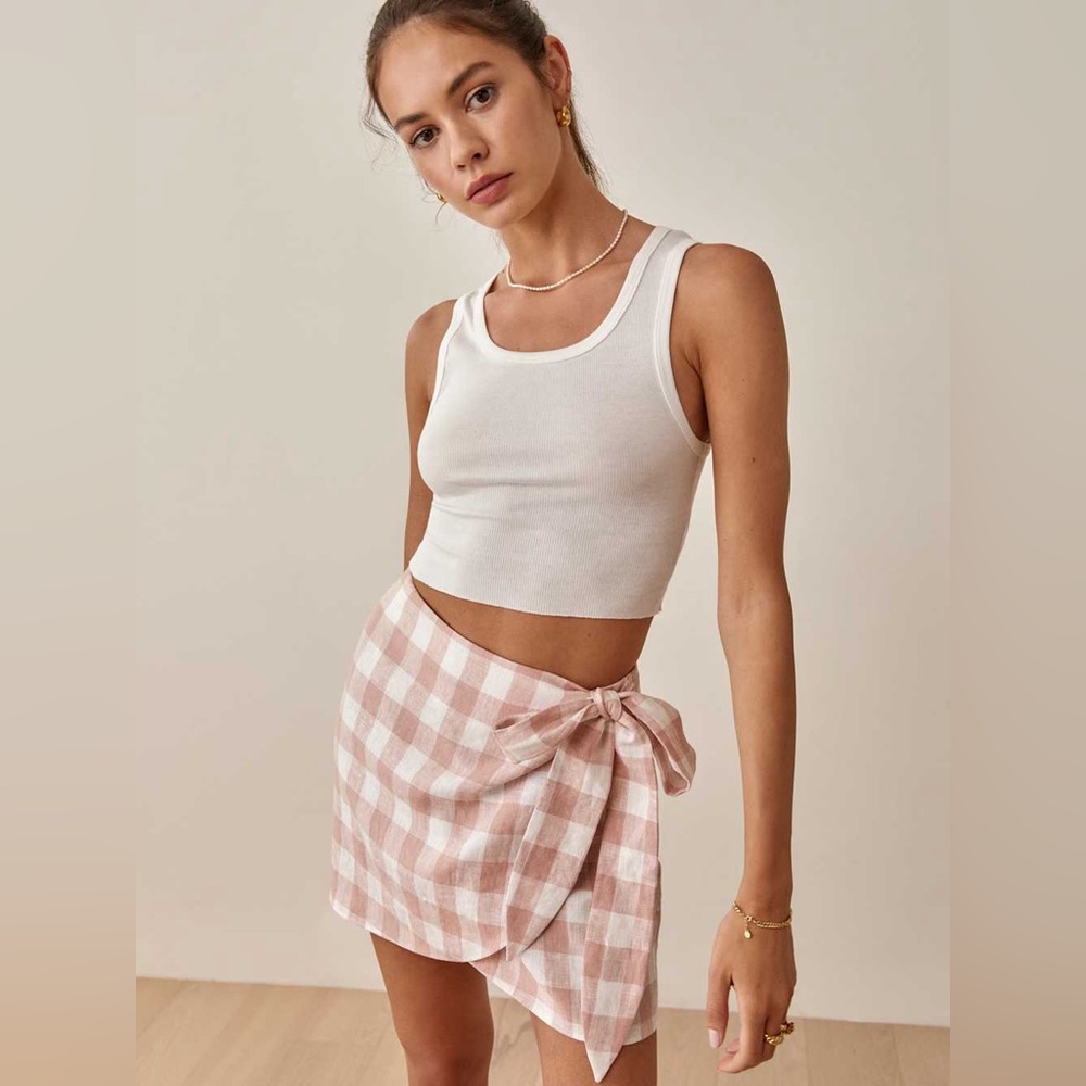 Reformation Sax Skirt Pink Gingham Linen Wrap Mini Skirt Size L